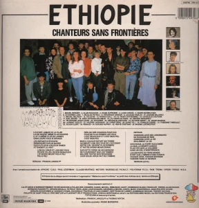 En bas à gauche : Imprimé en Hollande (au-dessus de Pathé Marconi).
Dans le cadre au milieu : "10 Francs de ce disque seront reversés à l'organisation Médecins sans Frontières au profit des victimes de la famine en Ethiopie".