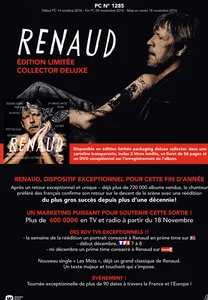 2016,
"Renaud",
campagne publicitaire pour la réédition de l'album,
recto/verso en papier cartonné.
