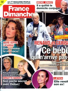 Août 2024,
"France dimanche N°4120",
Renaud et Cerise : ce bébé qui n'arrive pas,
1,5 page.